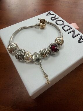 Pandora Two-Tone Silver & Gold Bracelet with Red Crystal Charm